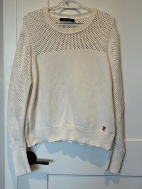 Tommy Hilfiger Cotton Ivory Crewneck Mesh-Accent Sweater. B18